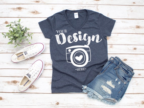 Gildan 5v00l Heather Navy Heavy Cotton Womens Vneck T-Shirt