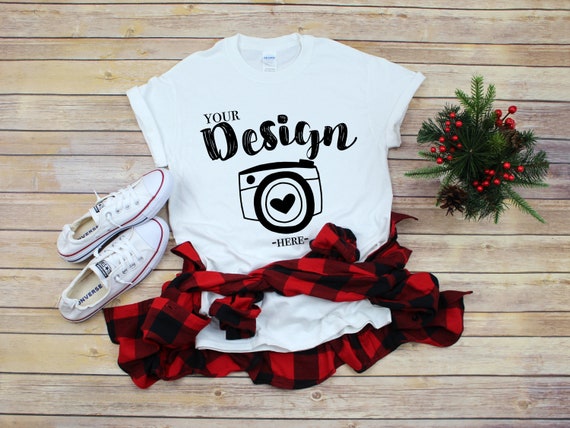 Christmas Mockup Vintage Wood Gildan 500 White Unisex T-Shirt