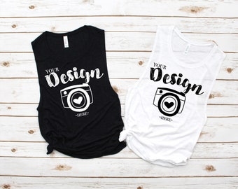 Family Blank Bella Canvas 8803 Black Heather & White Slub Flowy Family Flat Muscle Tank Mock Up Flat Lay Bella Canvas mock up bridal mockup