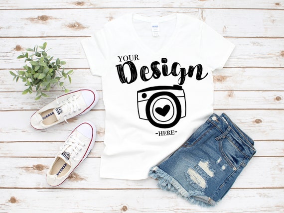 Gildan 5v00l White Heavy Cotton Womens Vneck PSD Mockup T-Shirt