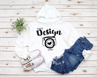 Download Free Gildan 18500 Hooded Sweatshirt Brand White hoodie Mockup t-shirt mockup gildan Flat Lay Shirt Mock Up White Wooden Background PSD Template