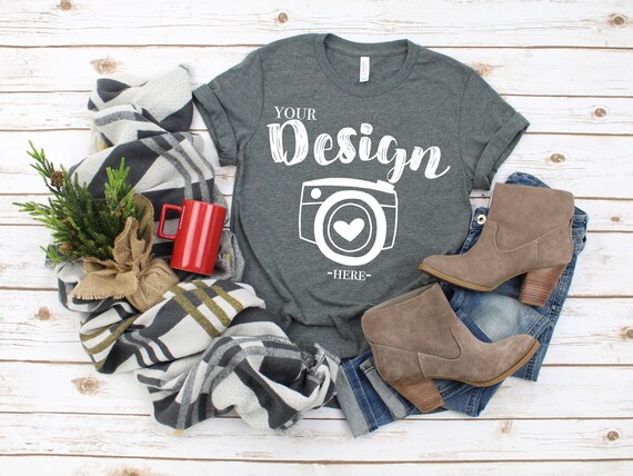 Christmas Mockup Bella Canvas 3001 Deep Heather Flat Lay