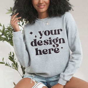 Gildan 18000 Sport Grey Sweatshirt Mockup Trendy Minimalist Sweater Pullover Mock G180 Grey Crewneck Mock-up Real Model Mock
