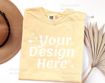 Comfort Colors 1717 Butter Shirt Mockup | CC1717 T-Shirt Flat Lay | Folded Flat Lay | Real Product Photo | Minimal Neutral Background