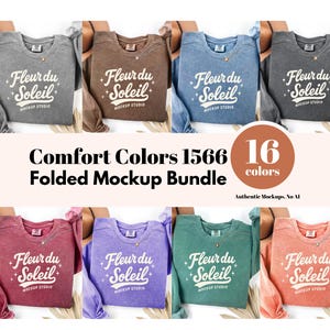 Può includere: Un pacchetto mockup di felpe Comfort Colors 1566 piegate in 16 colori. Ogni felpa mostra il logo "Fleur du Soleil" in scrittura bianca. Le felpe sono in vari colori, tra cui grigio, marrone, blu e rosso.