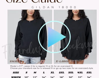 Maquette VIDÉO, tableau des tailles vidéo Gildan 18000, tableau des tailles surdimensionné, tableau des tailles du sweat-shirt Gildan, tableau des tailles Gildan 18000
