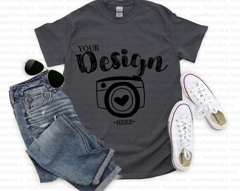 Gildan 5000 Charcoal Unisex TShirt Mockup,t-shirt mockup gildan Flat Lay Shirt Mock Up,Modern Shirt Mockup