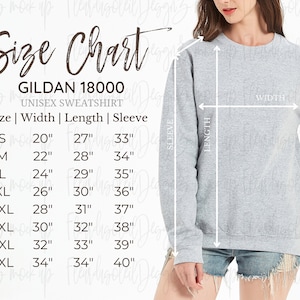 Gildan 18000 Größentabelle | Größentabelle für Gildan | Gildan 1800 Mockup und Größentabelle | Weißer Hintergrund Gildan 18000 Größenanleitung
