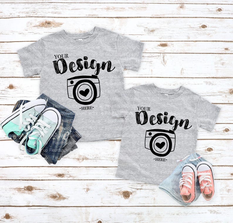 Geschwister Mockup Bella Canvas 3001t Sportlich Heather Shirt Kinder Shirt Flach liegend Kleinkind Shirt Mockup Bruder Schwester Sibling T-Shirt Mockup Bild 1