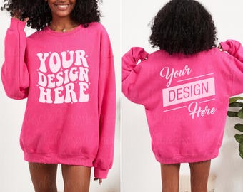 Front and Back 18000 Gildan Heliconia Heavy Blend Sweatshirt Mockup Model Sweatshirt Mock up Gildan 18000 oversized mockup