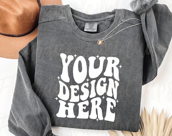 Comfort Colors 1566 Pepper Sweatshirt Mockup | C1566 Pepper Crewneck Flat Lay | Neutral Minimal Real Photo Mockup