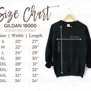 Gildan 18000 Size Chart | Hanging Size Chart for Gildan | Gildan 1800 Mockup and size chart | White background Gildan 18000 Size Guide