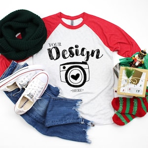 Next Level 6051 Vintage Red Heather White Unisex Baseball T-shirt Mockup, Mockup t shirt mock up next level christmas mockup flatlay