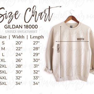 Gildan 18000 maattabel | Hangende maattabel voor Gildan | Gildan 1800-model en maattabel | Witte achtergrond Gildan 18000 Maattabel