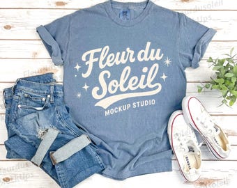Comfort Colors 1717 Blå Jeansmodell, CC1717 Platt lay, T-shirtmodell med riktig foto, Boho Neutral Stil