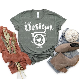 Bella Canvas Mockup Fall | bella canvas t-shirt mockup | Bella Canvas 3001 Shirt Mock Up | Heather Military Green Fall t shirt mockup