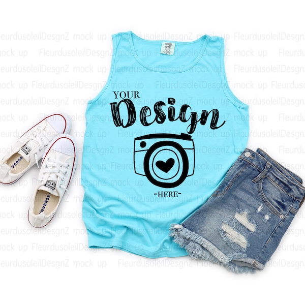 Comfort Colors 9360 Lagoon Blue Adult Heavyweight RS Tank Flat Lay Tank Mock Up Mock Up T-Shirt Blank tank top mockup