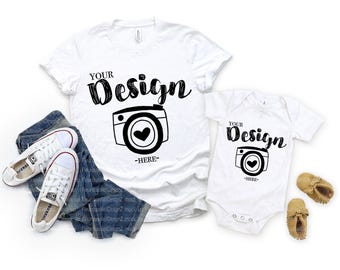 Bella Canvas 3001 Bella Canvas 100b maquette blanche pour tout-petits T-shirt blanc vierge pour la famille à plat, maquette maman et moi