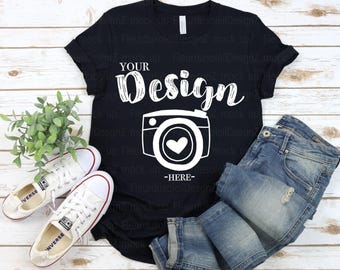 Maqueta de Bella Canvas / Maqueta de camiseta negra Bella Canvas 3001 / Maqueta en plano cenital / Maqueta de camiseta de primavera / Maqueta de camiseta de verano