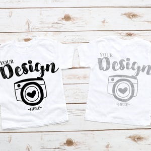 Maglietta bianca per bambini Bella Canvas 3001T, davanti e dietro, per bambini, modello Flat Lay, per feste di bambini.