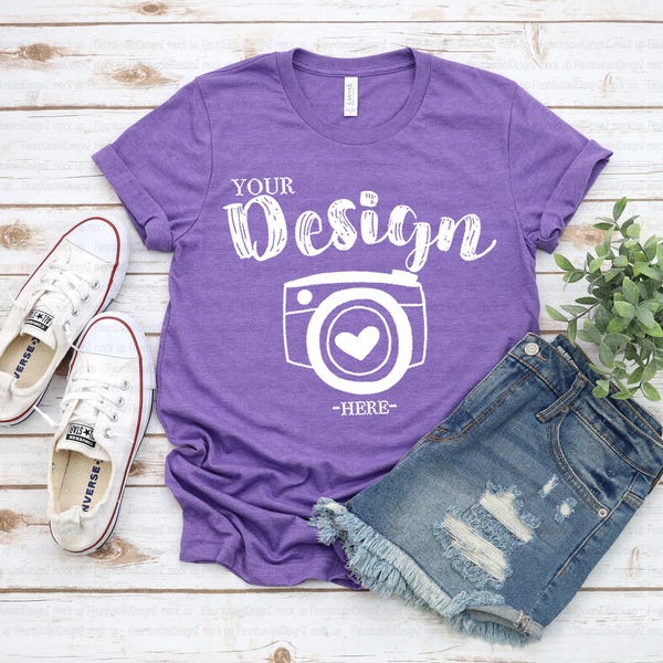 Bella Canvas 3001 Heather Team Purple, maqueta de diseño plano, maqueta, maqueta, maqueta de Bella Canvas, maqueta de camiseta, maqueta de camiseta unisex