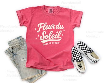 Comfort Colors C9018 watermelon Youth T-Shirt Mockup | 9018 red Kids Tee Mock-up | Real Product Photo | Minimal Neutral Styled Shirt