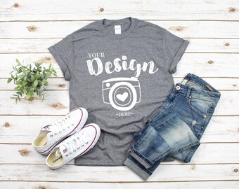 Gildan 5000 Graphite Heather Unisex TShirt Mockup,Flat Lay Shirt Mock Up,Modern Shirt Mockup,Fall mockup, t-shirt mockup gildan