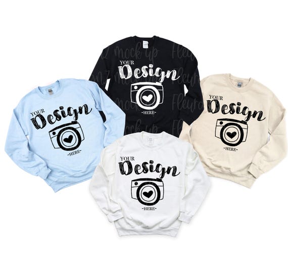 Gildan 18000 Crewneck Sweatshirt Mockup 18000 Mock Up Sweatshirt Mockup Family mockup Gildan18000 White-Sand-Black-light blue