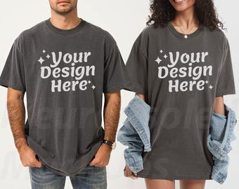 Couple Shirt Mockup Comfort Colors 1717 Pepper, 2 Shirt Mockup with Male and Female Models, Oversized Unisex T-Shirt Mockup for Canva