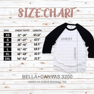 Bella Canvas Size Chart | Bella + Canvas 3200 Size Chart | Bella Canvas Baseball Tee Size Chart | Baseball Rglan Size Chart
