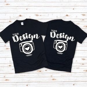 Front & Back Gildan 500 Black Unisex TShirt Mockup,t-shirt mockup gildan Flat Lay Shirt Mock Up,Modern Shirt Mockup, White Wooden Background