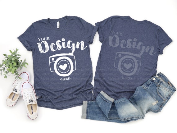 Front And Back Bella Canvas 3001 Heather Navy Flat Lay Mockup Etsy