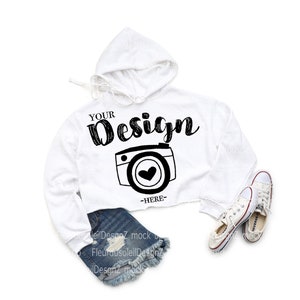 Bella Canvas 7502 White Crop Hoodie Mockup | Womens Crop Hoodie Sweatshirt Mockup | White 7502 Crop Hoodie Flatlay