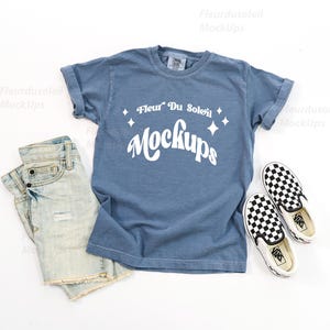 Comfort Colors 9018 Youth T-Shirt Mockup | Blue Jean Kids Tee Shirt Mock Up | Real Product Neutral Minimal Flat Lay Styled Shirt