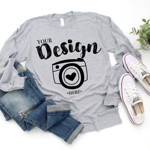 American Apparel 2007W Fine Jersey Long Sleeve T-Shirt Mock Up heather grey shirt template women tee mockup long sleeve shirt template