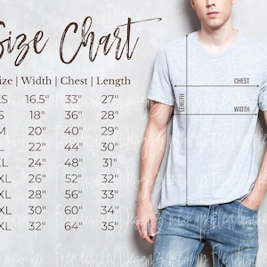 Bella Canvas 3001 Size Chart | tshirt Size Chart | T-shirt Sizing Chart | Shirt Measurement | Male Model Sizing Chart image 2