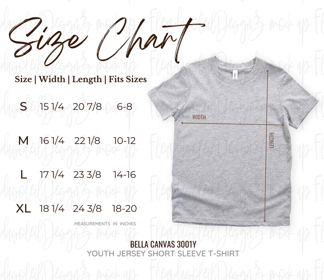 3001Y Size Charts Bella Canvas Mock up Youth Size Chart Bella Canvas ...