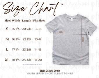 3001Y Size Charts Bella Canvas Mock Up Youth Size Chart Bella Canvas 3001Y Size Chart Bella 3001Y Mockup Sizing Guide
