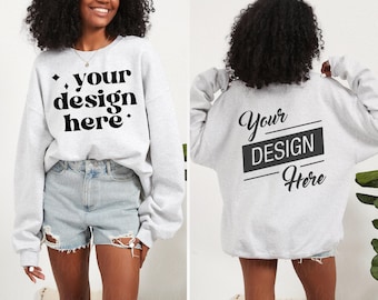 Front and Back 18000 Gildan Ash Heavy Blend Sweatshirt Mockup Model Sweatshirt Mock up Gildan 18000 oversized mockup