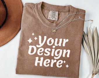 Comfort Colors 1717 Espresso Folded Shirt Mockup | Boho T-Shirt Mockup Flatlay | Real Comfort Colors Mockup for POD
