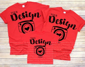 Family Blank  T-Shirt Gildan 5000 Bella Canvas 3001T Red Mock Up Shirts Family Flat Lay tshirt mockup  Trio Shirt Mock Up