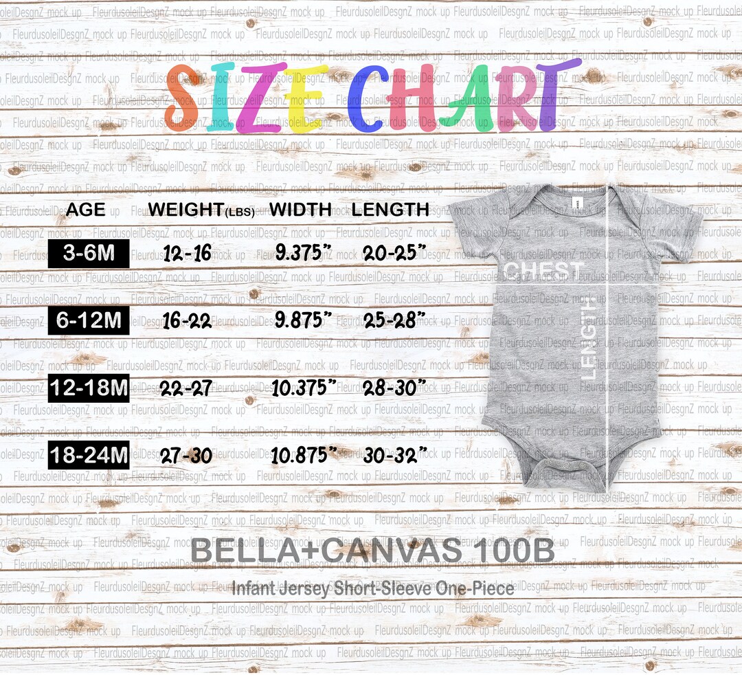 Bella Canvas 100B Size Chart Baby T-shirt Size Chart (Instant Download ...