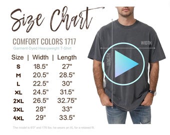 VIDEO Comfort Colors 1717 Size Chart, video mockup, T-shirt Sizing Guide, Mens Size Chart, Mens Shirt Size Chart