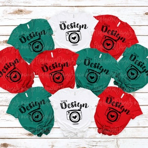 Christmas t shirt group mockup 3001 multiple Family Bella Canvas 3001 Mock Up  bella canvas group xmas white / Kelly/ Red