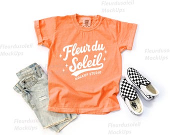 Comfort Colors C9018 Melon Youth T-Shirt Mockup | 9018 orange Kids Tee Mock-up | Real Product Photo | Minimal Neutral Styled Shirt