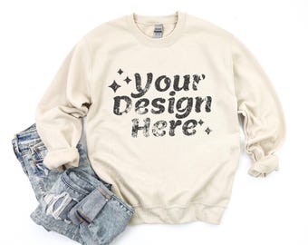 Gildan 18000 Heavy Blend Crewneck Sweatshirt Mockup 18000 Sand Mock Up Flat Lay Gildan Mockups Sweatshirt Mockup