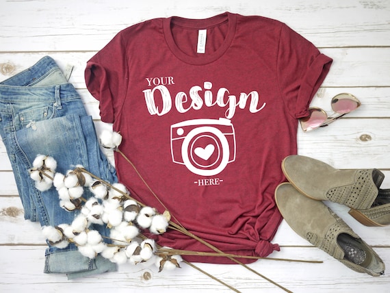 Bella Canvas 3001 Heather Cardinal Flat Lay Mockup Mock Up Etsy