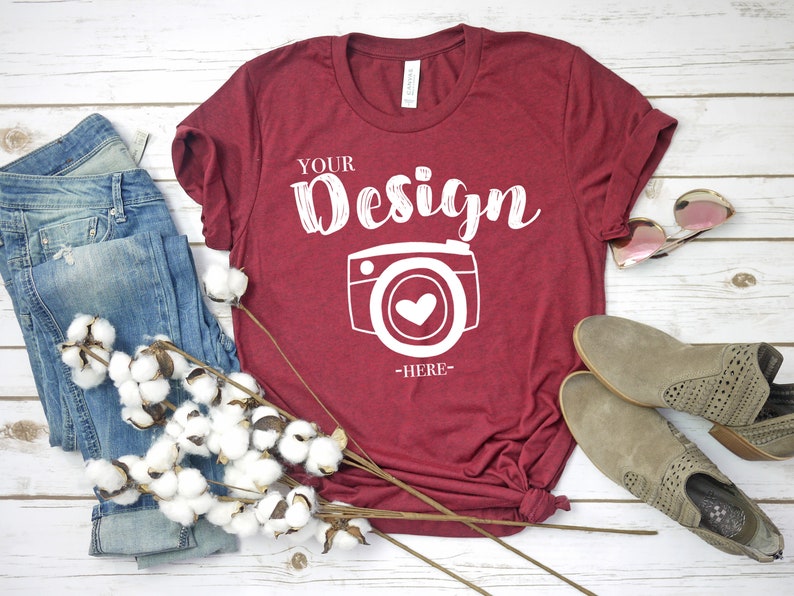 Download Bella Canvas 3001 Heather Cardinal Flat Lay Mockup Mock Up ...