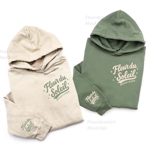 Gildan 18500 Sand & Military Green Couple Hoodie Mockup, Mr and Mrs Wedding, Sleeve Detail, Folded Flat Lay