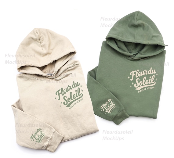 Gildan 18500 Sand & Military Green Couple Hoodie Mockup, Mr and Mrs Wedding, Sleeve Detail, Folded Flat Lay